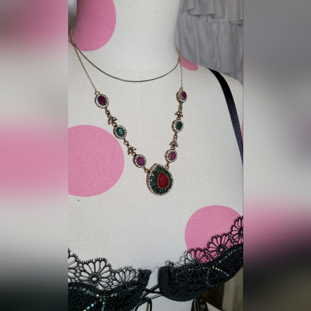 Sterling Silver Red Ruby Emerald Pendant Necklace - image 2